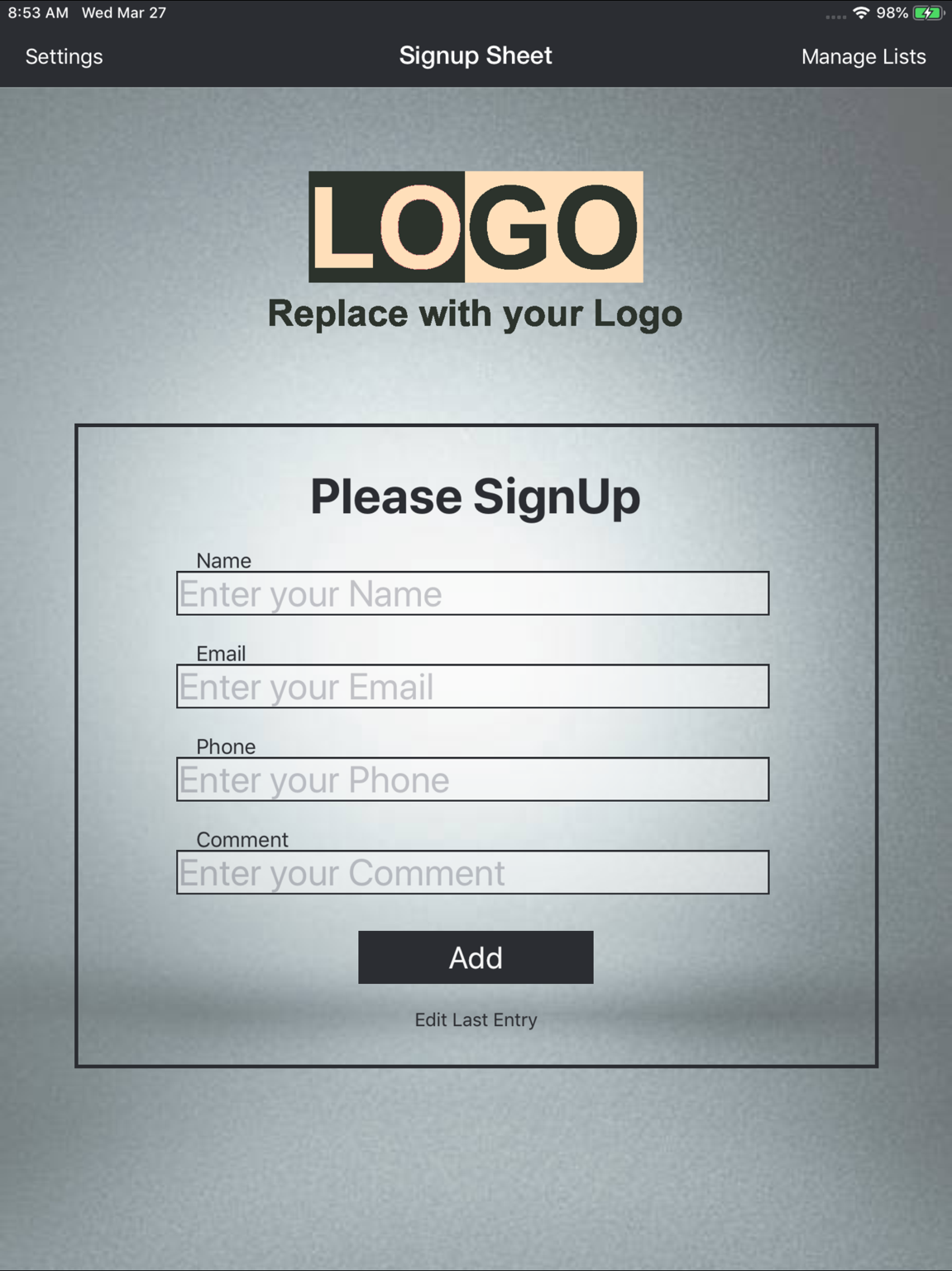 Sign-Up Sheet on iPad showing a digital sign-up list
