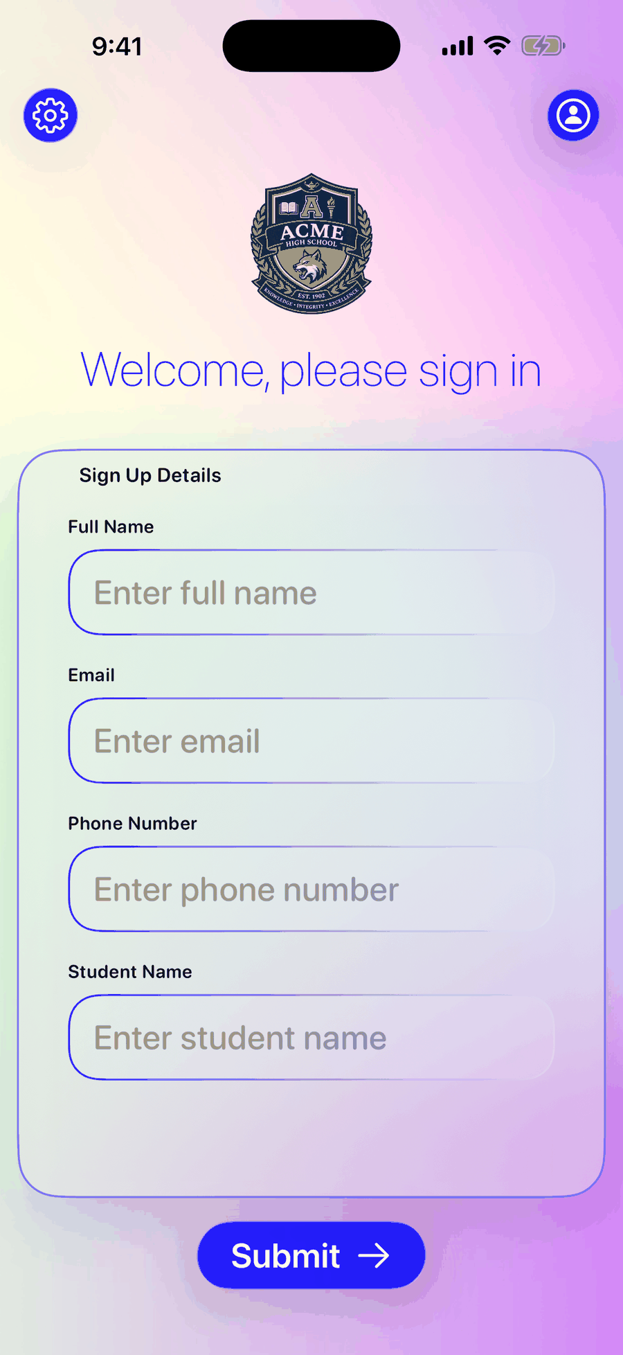 Sign-Up Sheet on iPhone showing a school sign-up form on a gradient background