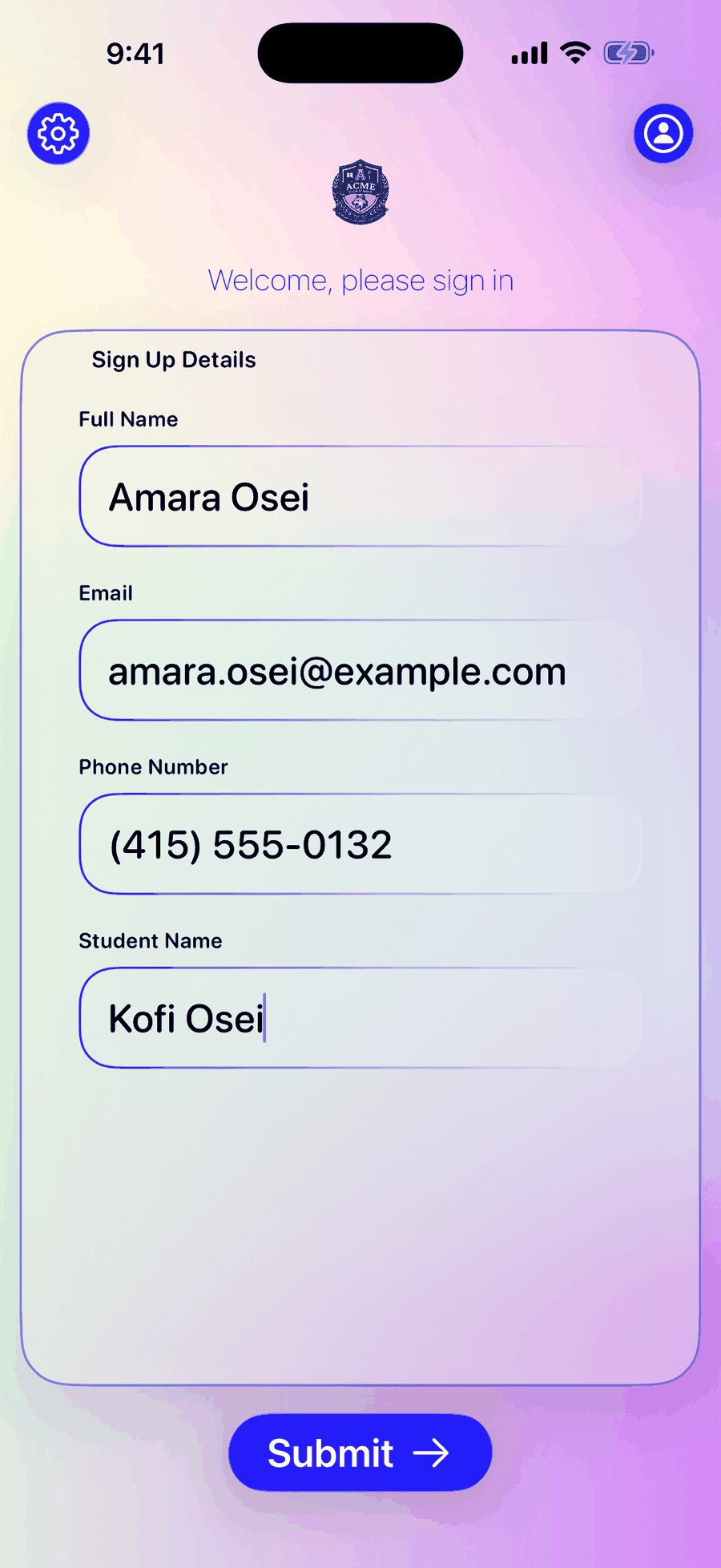 Sign-Up Sheet on iPhone with a guest filling in name, email, and phone number