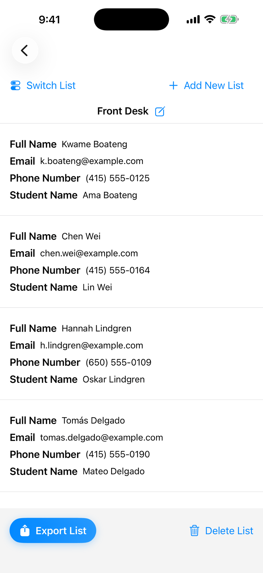 Sign-Up Sheet on iPhone listing collected entries with export and delete buttons