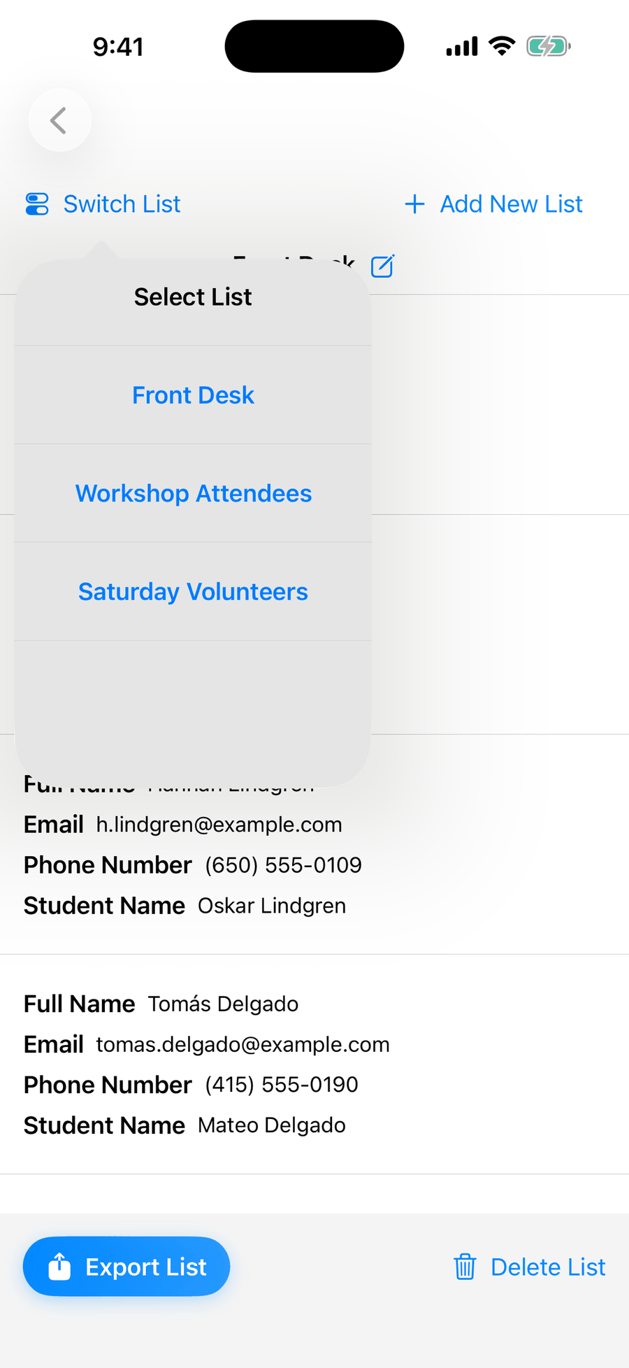 Sign-Up Sheet on iPhone switching between saved sign-up lists