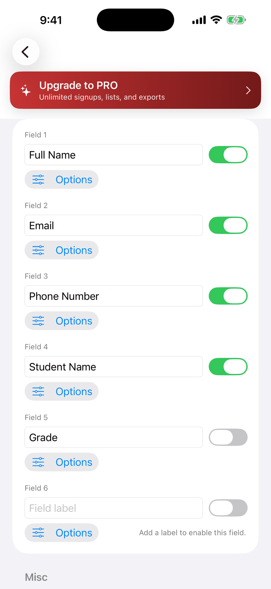 Sign-Up Sheet on iPhone configuring six custom fields in Settings