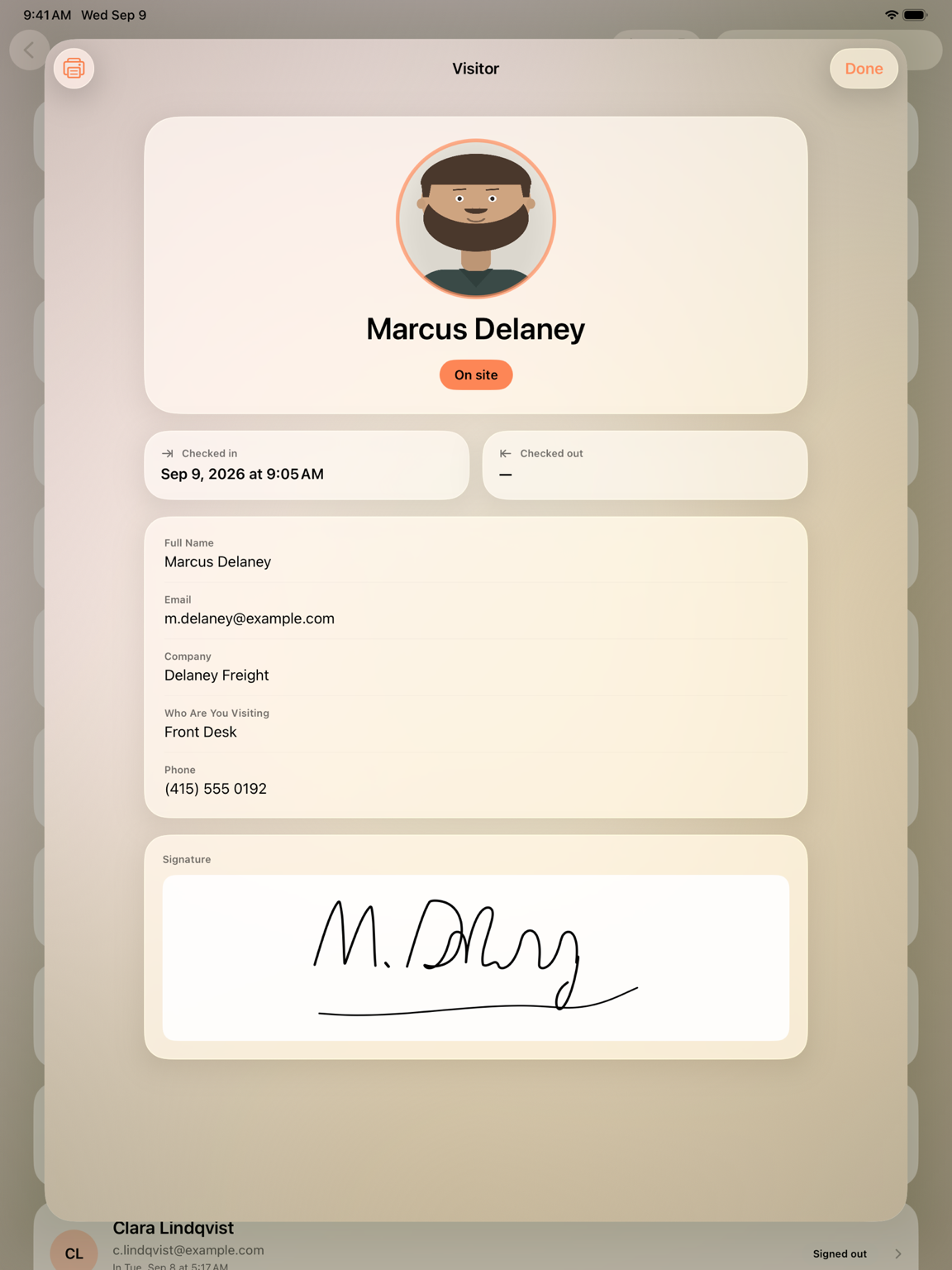Simple Visitor Log visitor detail with check-in time, details, and signature