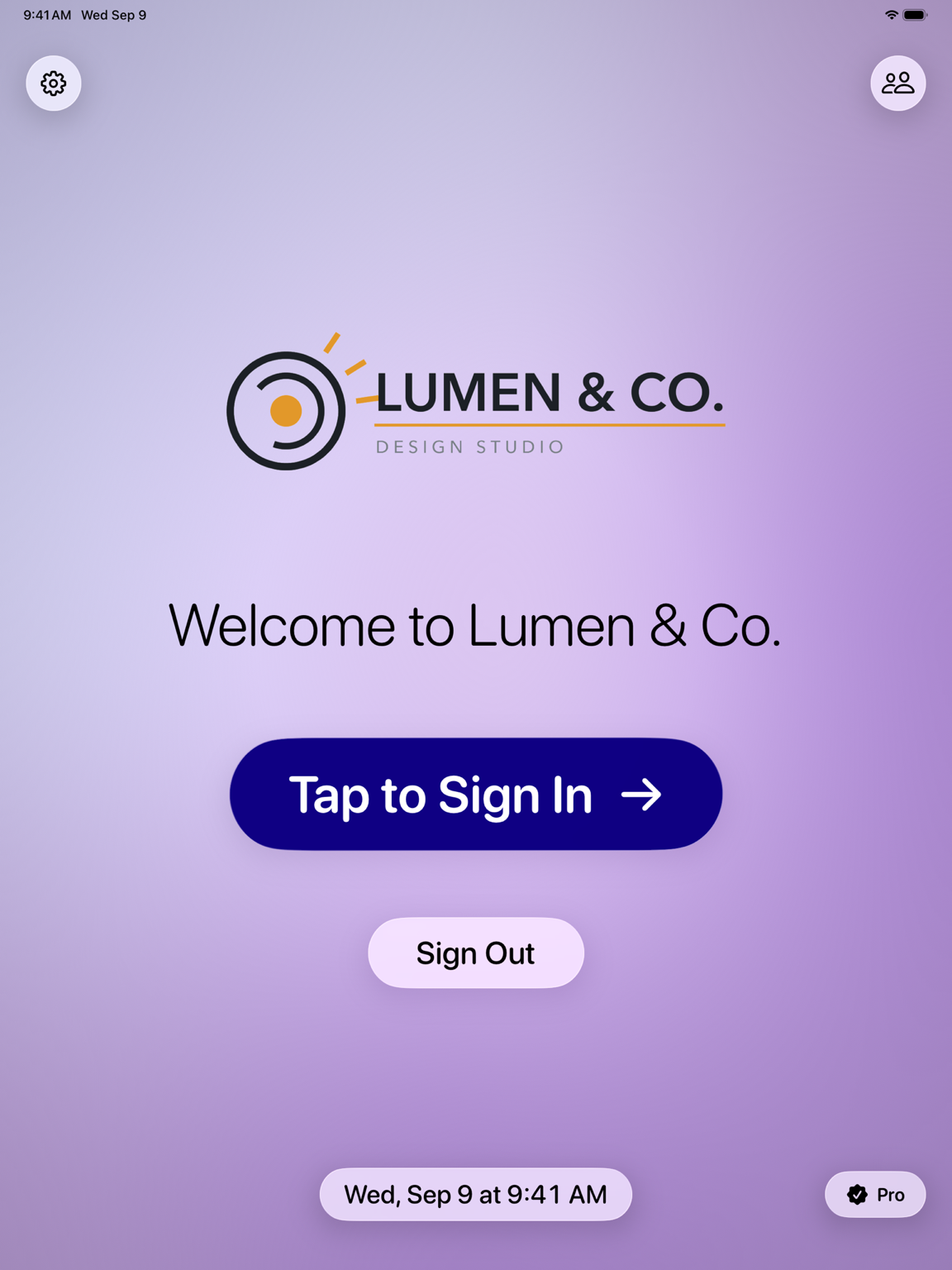 Simple Visitor Log welcome screen on iPad with a company logo and Tap to Sign In button on a purple theme