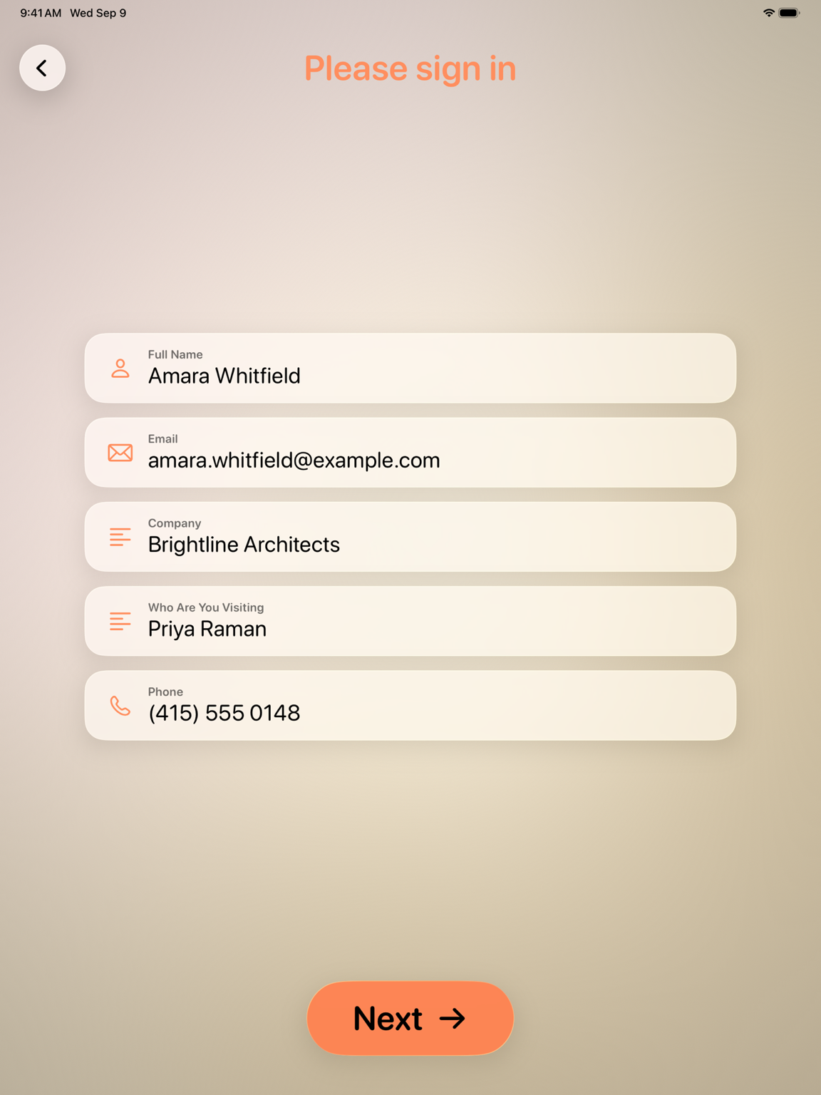 Simple Visitor Log sign-in form on iPad with name, email, company, host, and phone fields
