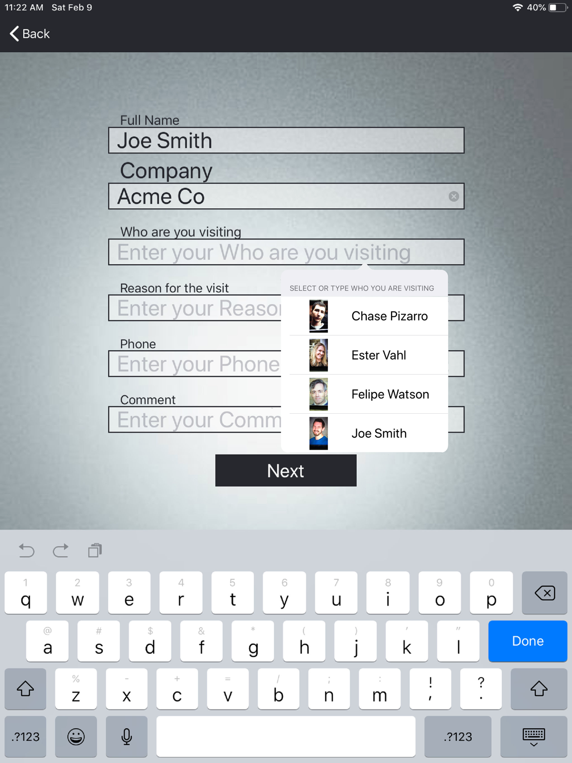 Simple Visitor Log host and employee list