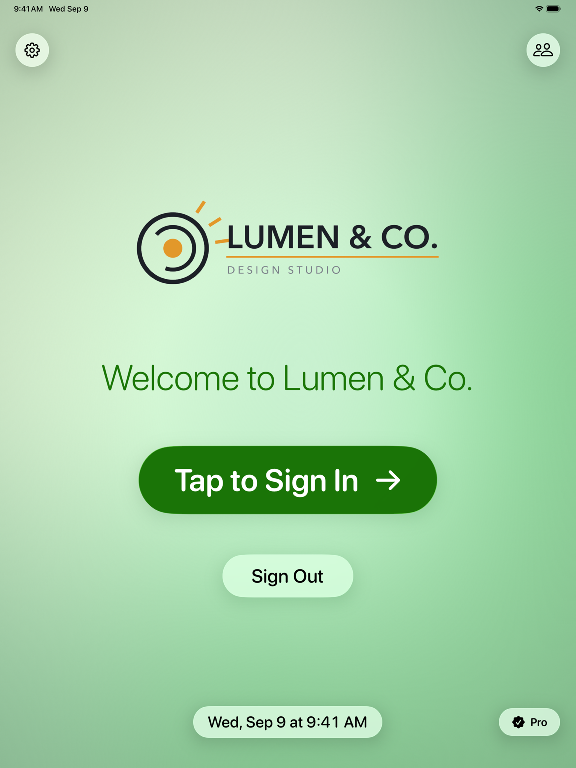 Simple Visitor Log welcome screen on iPad with a green theme colour