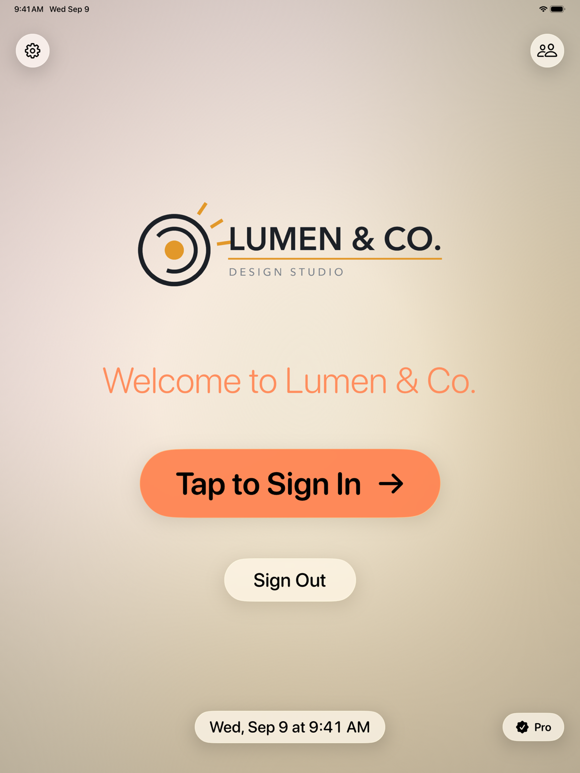 Simple Visitor Log welcome screen on iPad with an orange theme colour