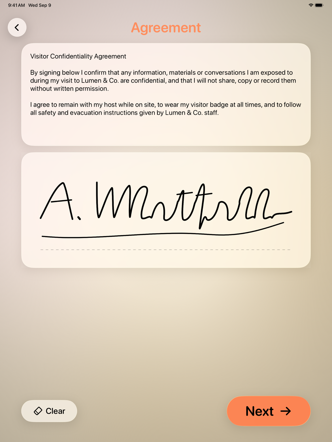 Simple Visitor Log agreement screen with a visitor signature