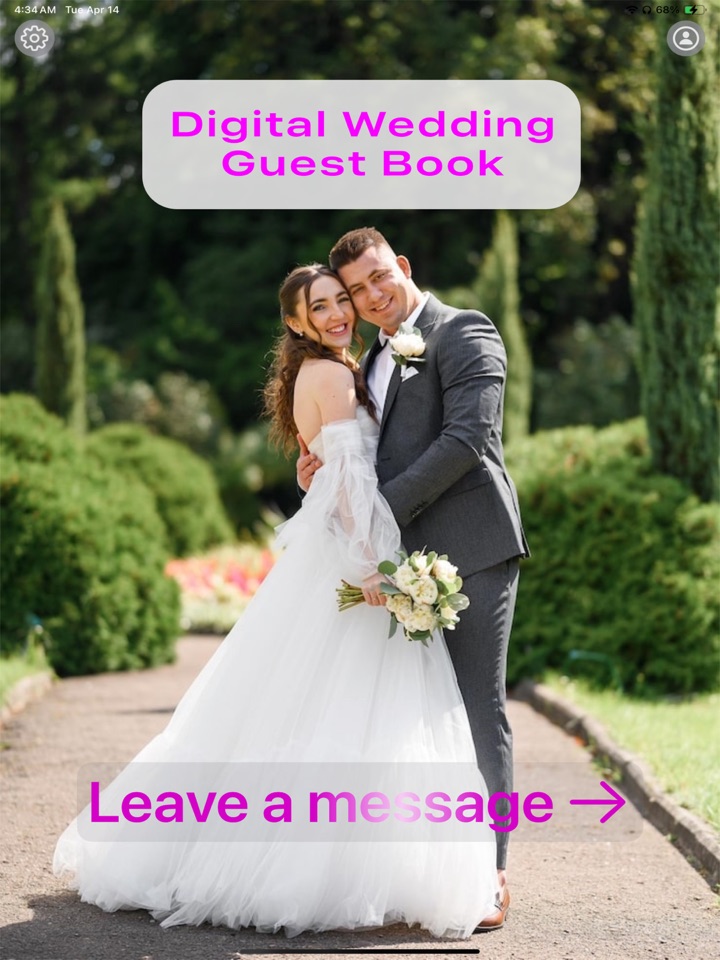 Wedding Guest Book on iPad showing a guest message entry